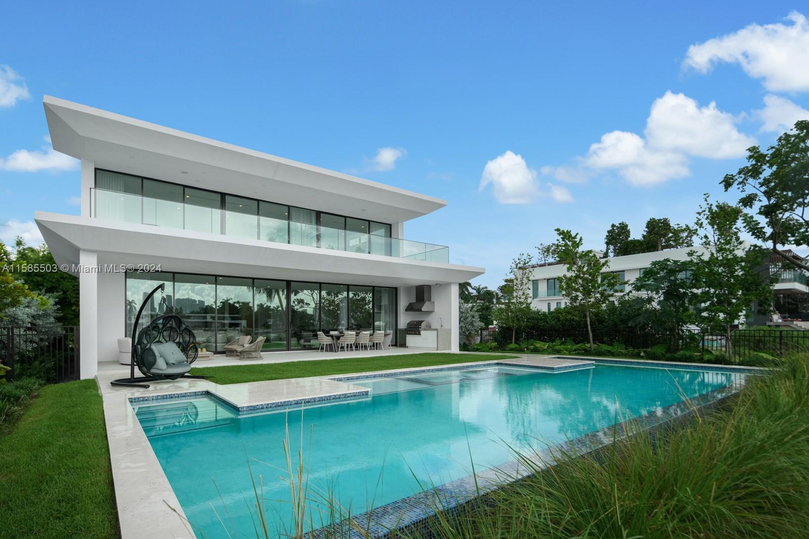 a view of a house with swimming pool and a yard