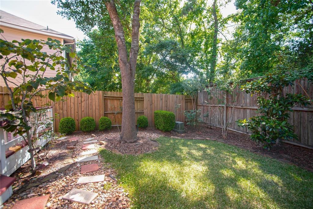 a view of a backyard with a tree