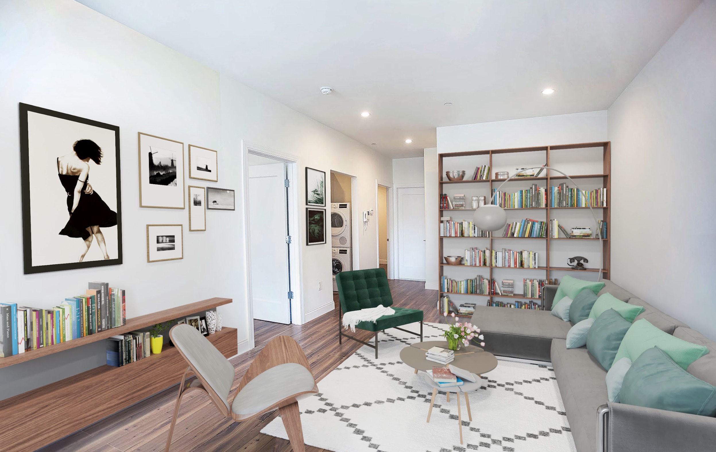 a living room with furniture and a floor to ceiling window