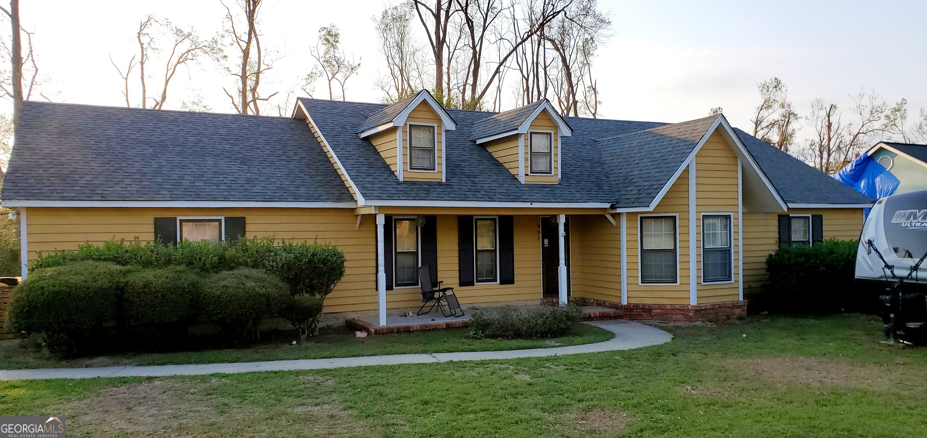 a view of a house with a yard plants and large tree