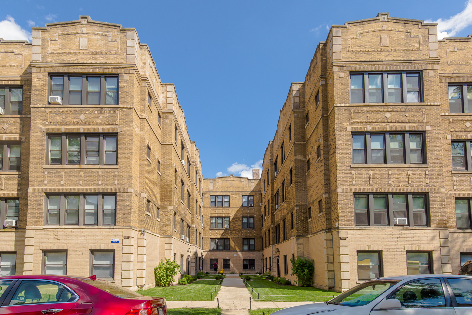 a front view of a multi story building