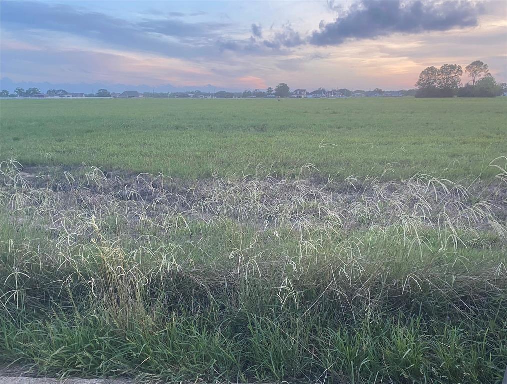 a view of a field with a building in the background