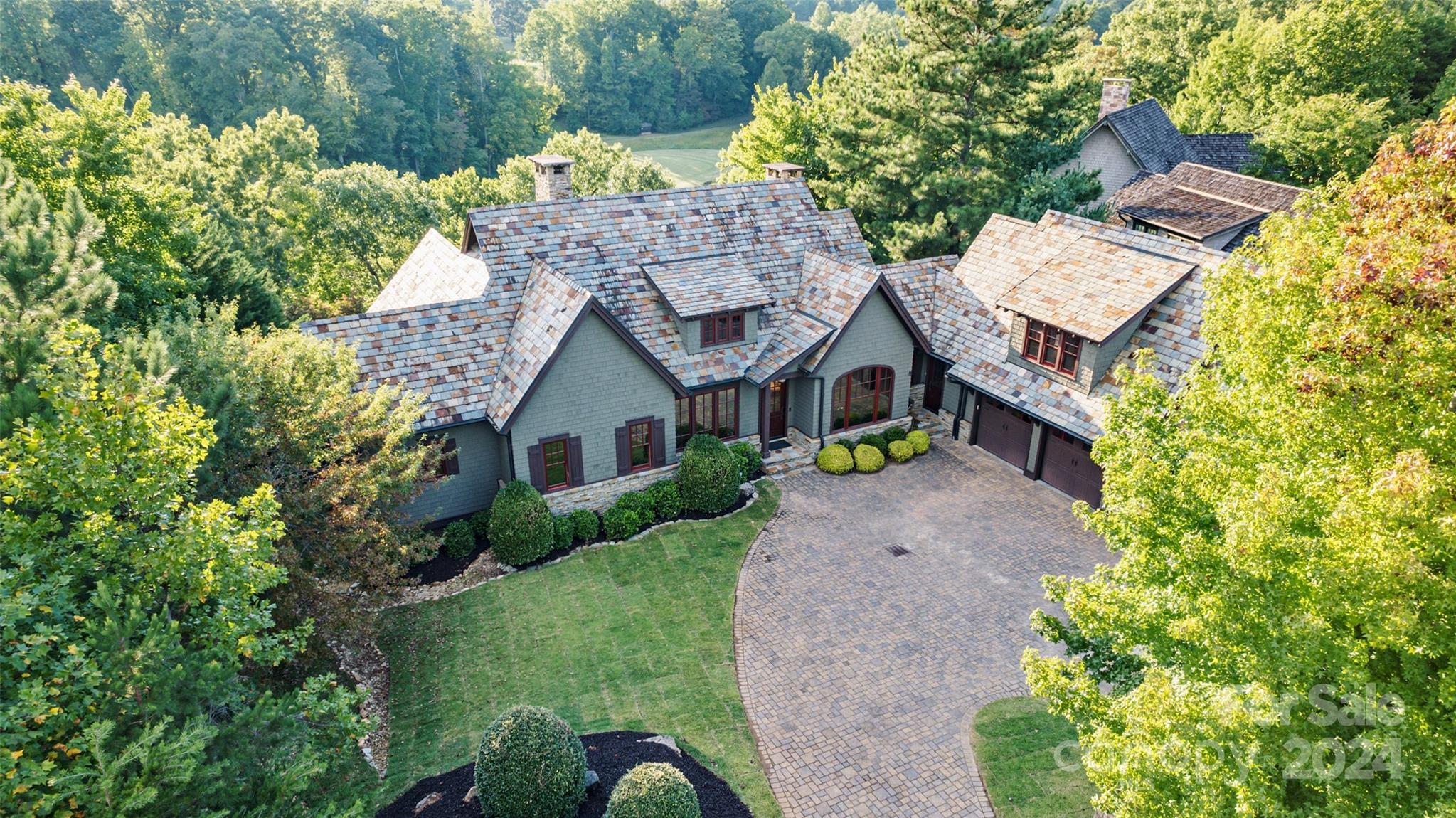 an aerial view of a house with a yard and large trees