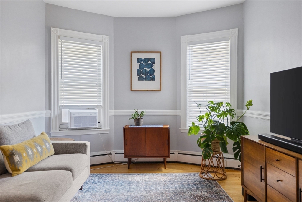 a living room with furniture potted plant and a window