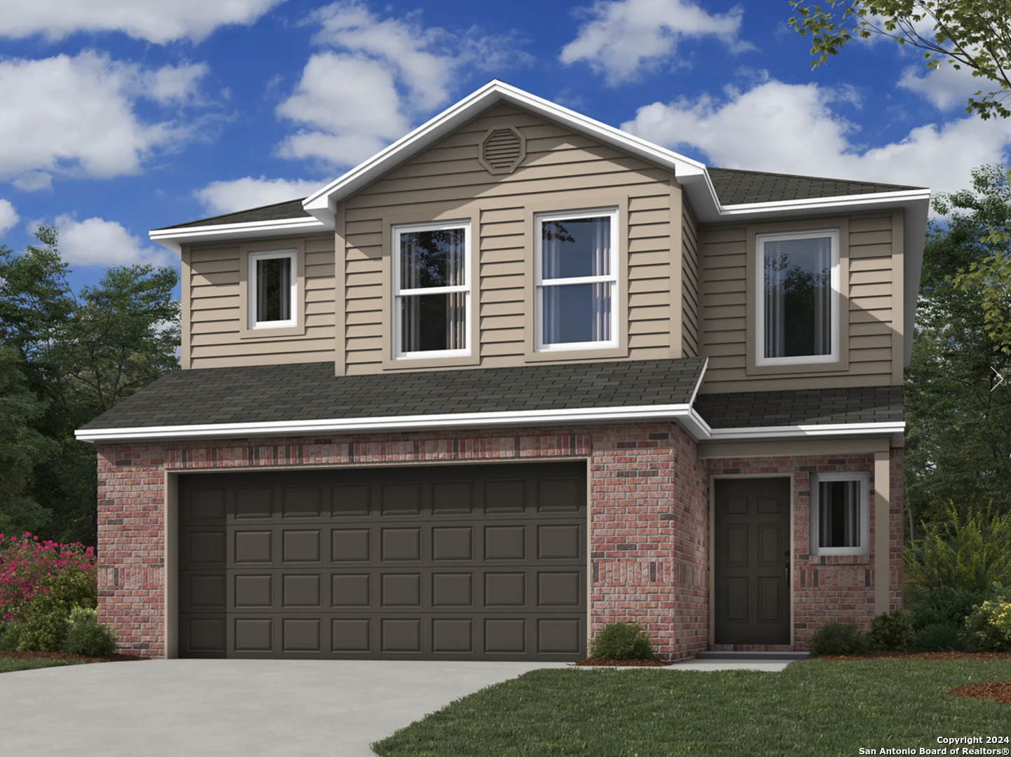 a front view of a house with a garden and garage