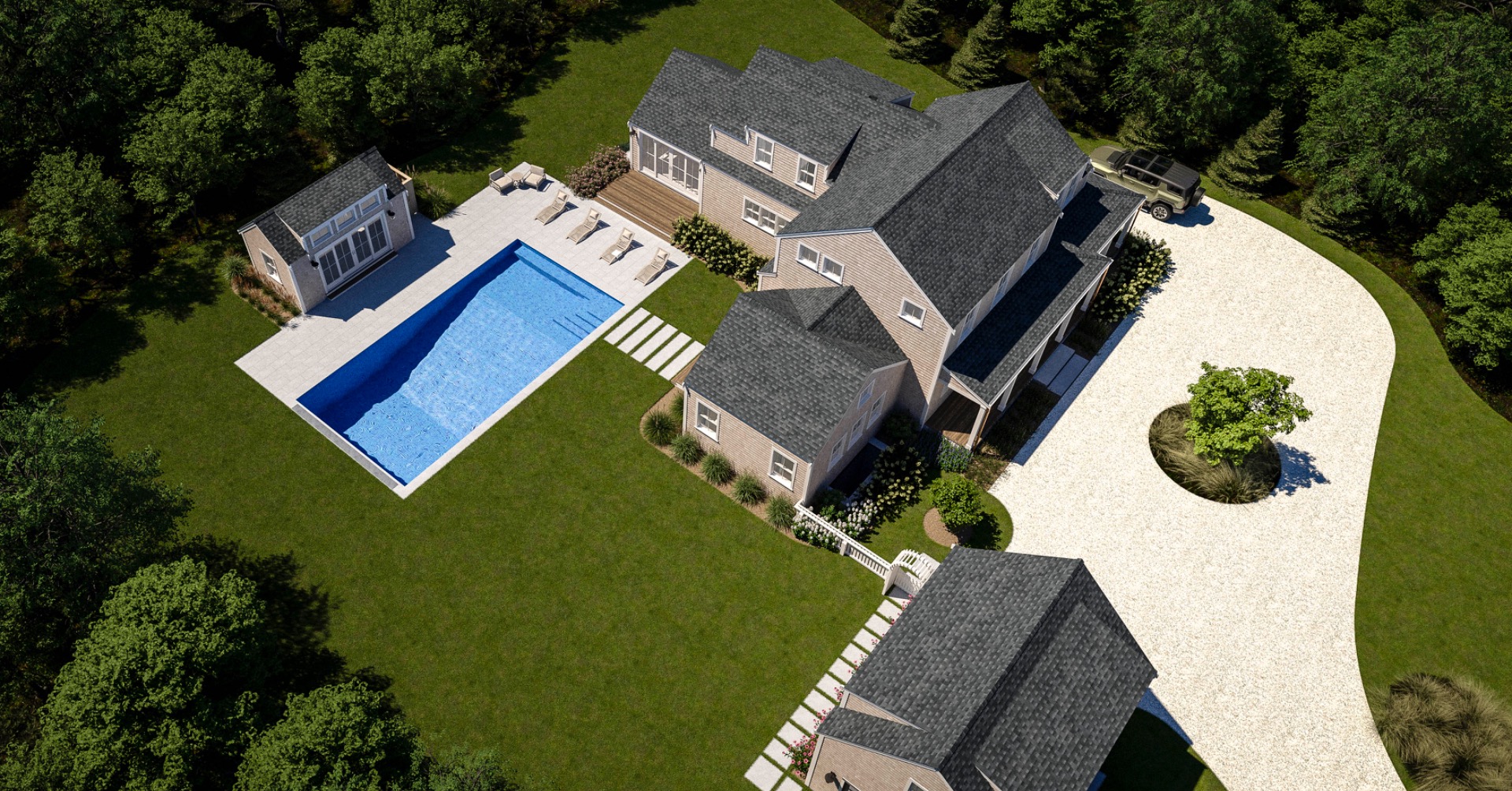 an aerial view of a house with a swimming pool