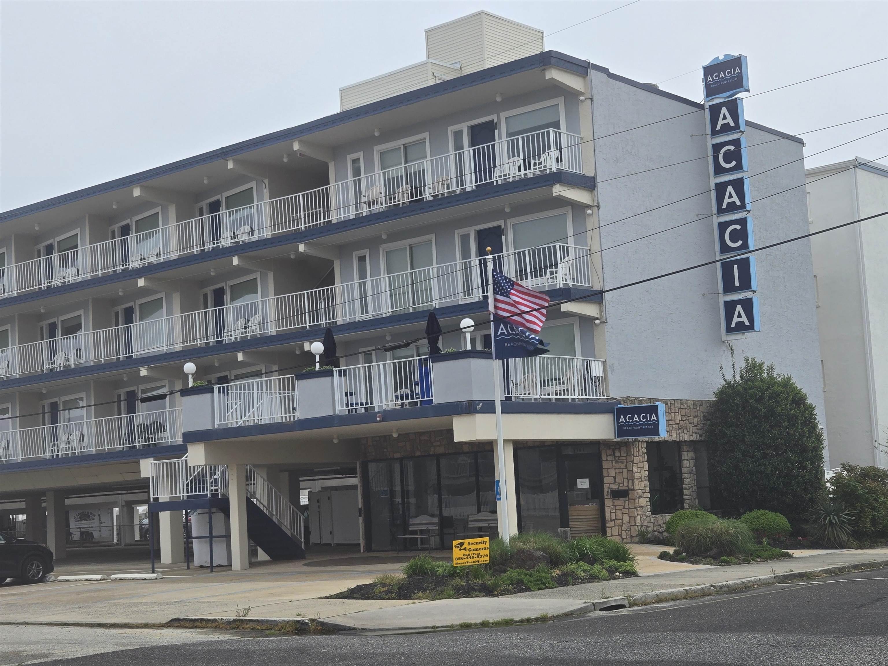 front view of a building with a street