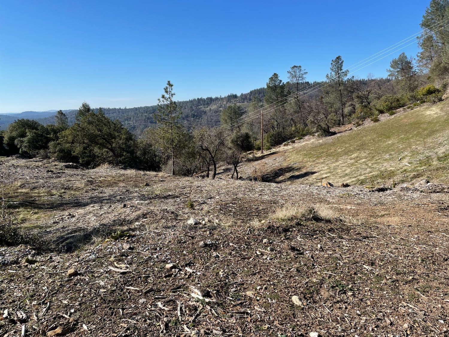 a view of a dry yard with mountains in the background