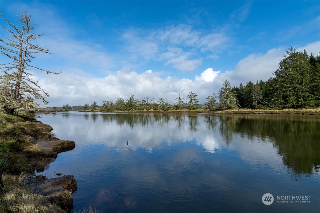 a view of a lake in between two and trees