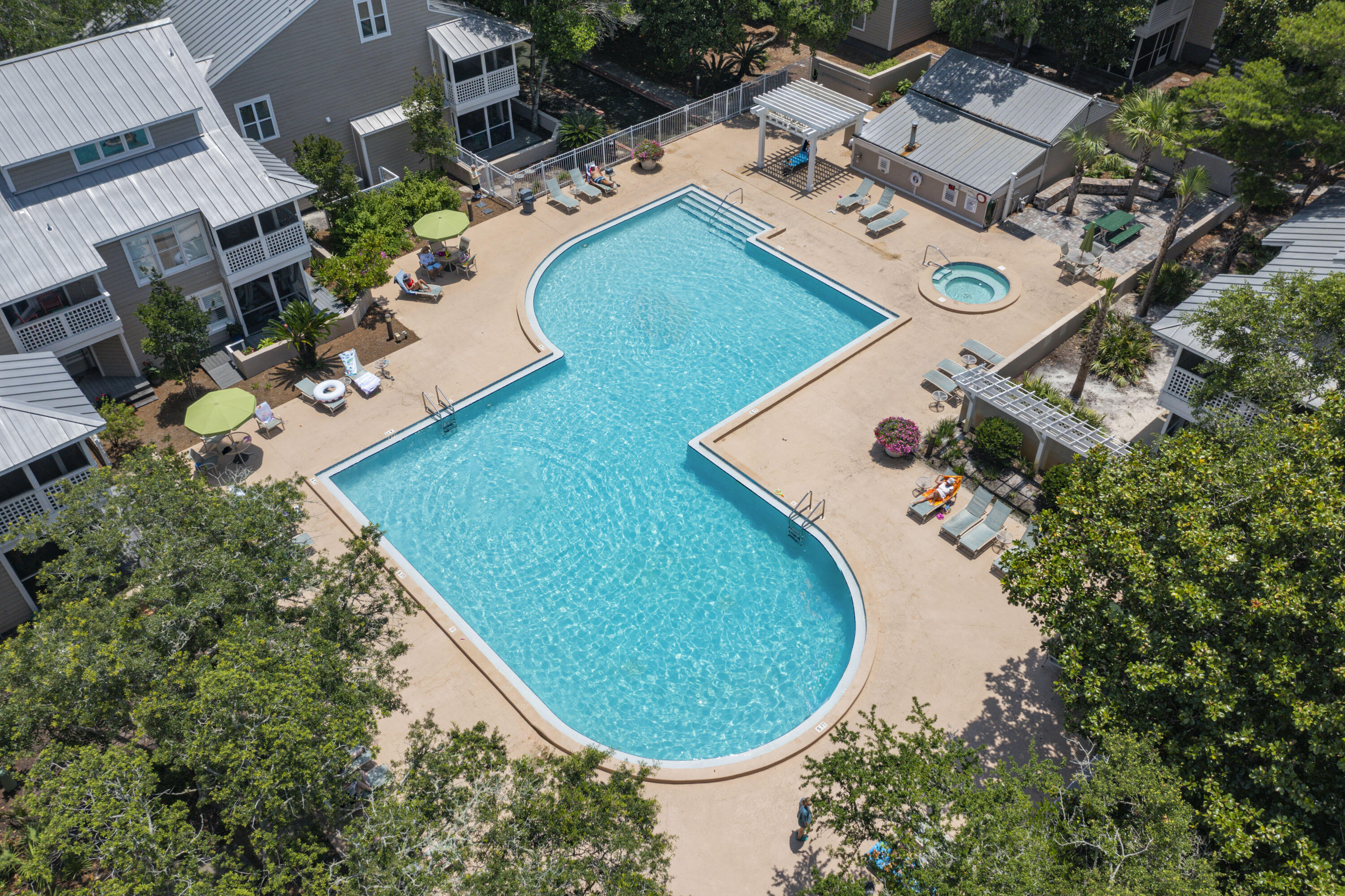 an aerial view of a swimming pool