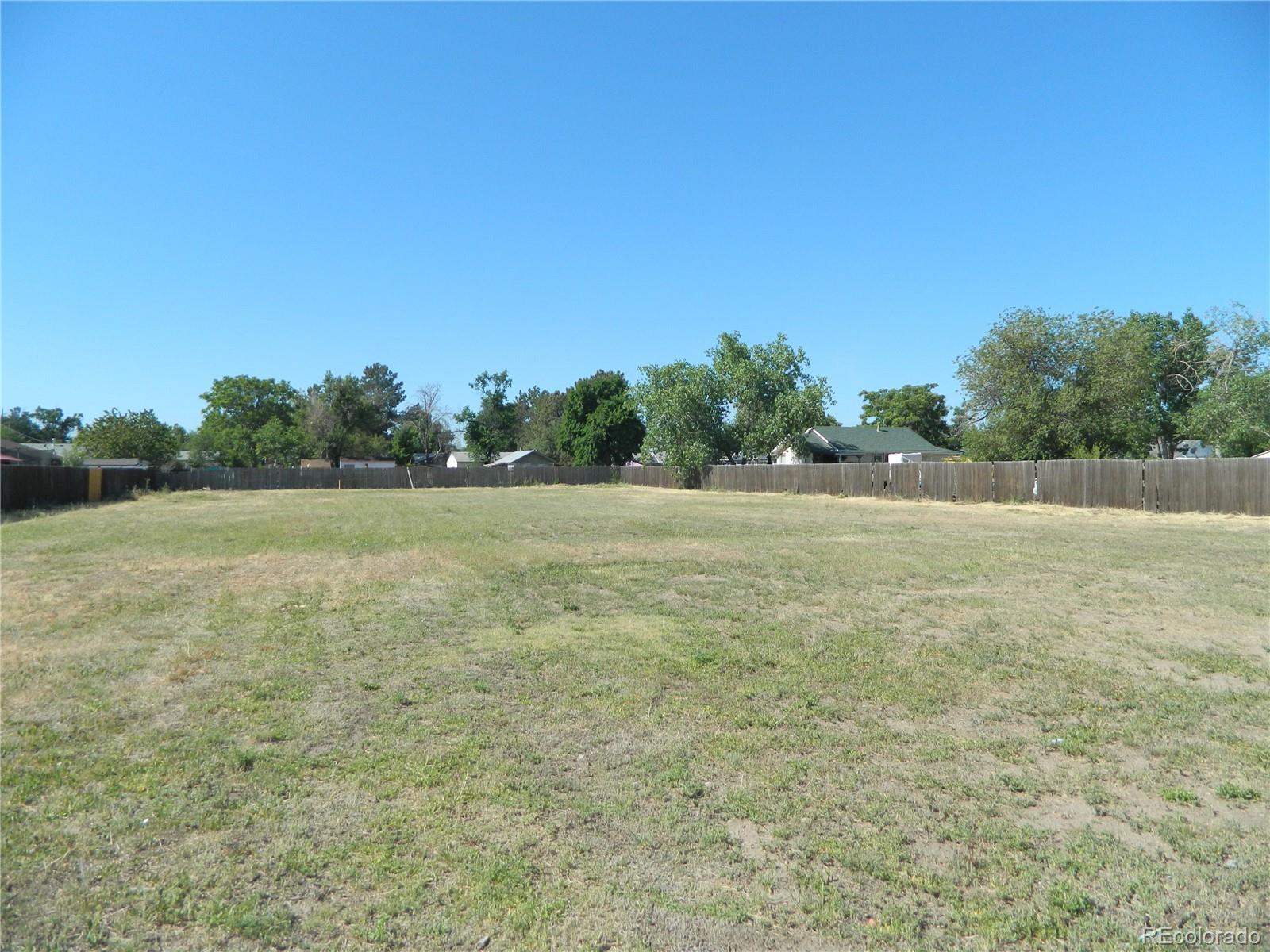 a view of a field with trees in the background