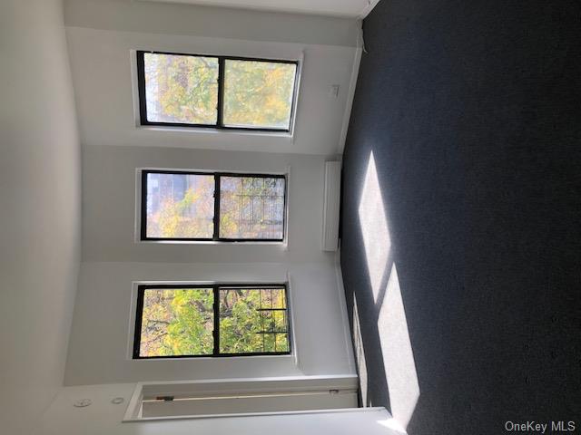 Empty room with dark colored carpet and a baseboard radiator