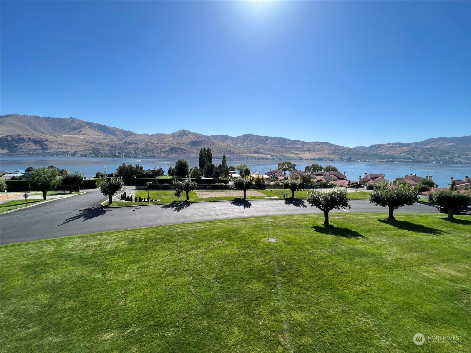 a view of an outdoor space with mountain view