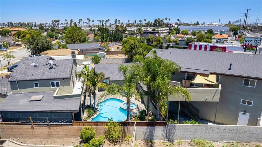 an aerial view of a house with a garden