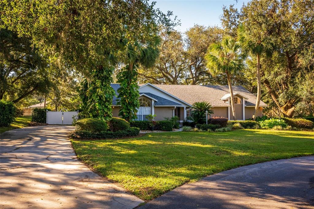 a view of a house with a big yard and large trees