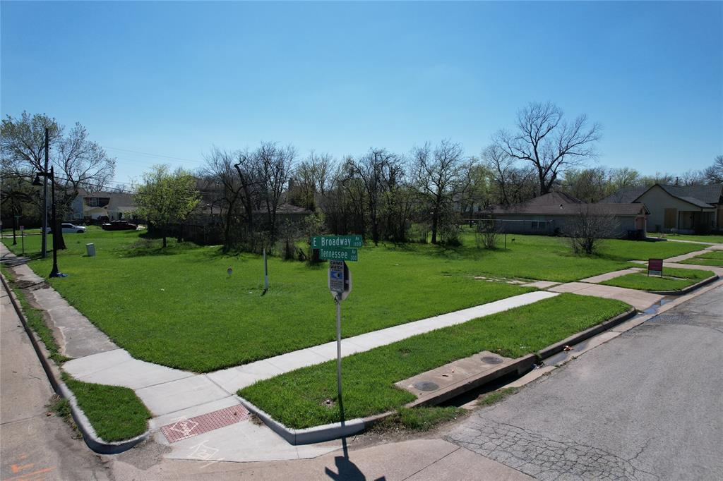 a view of a park with large trees