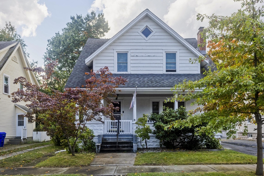 a view of house with a yard and potted plants