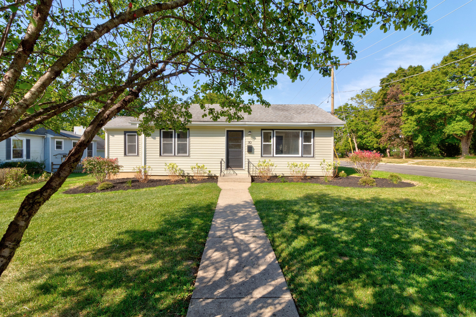 a front view of house with yard and green space