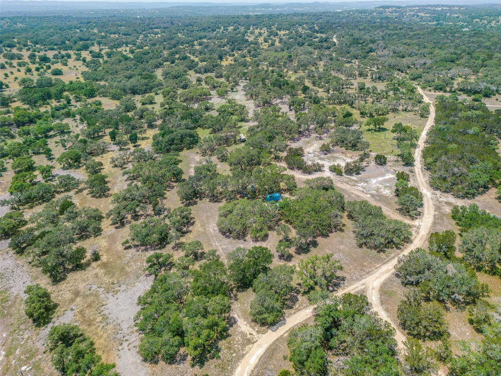 an aerial view of residential houses with outdoor space and trees