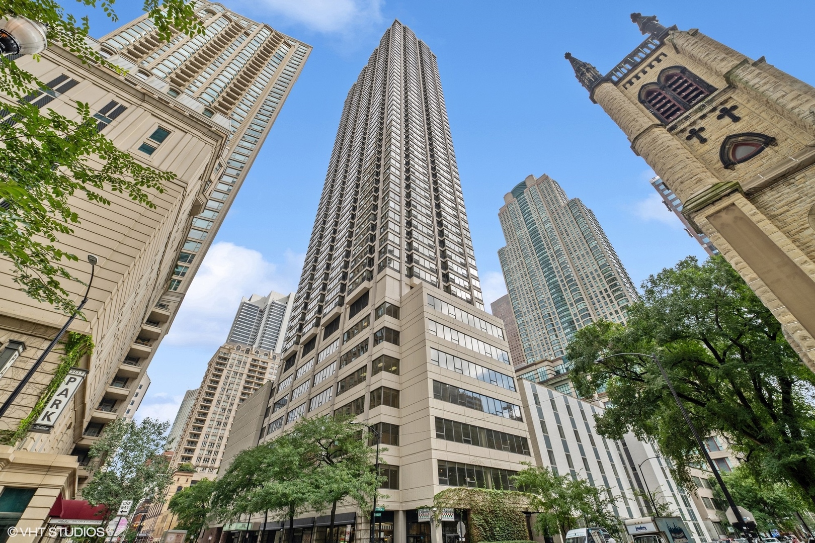 a view of a multi story buildings