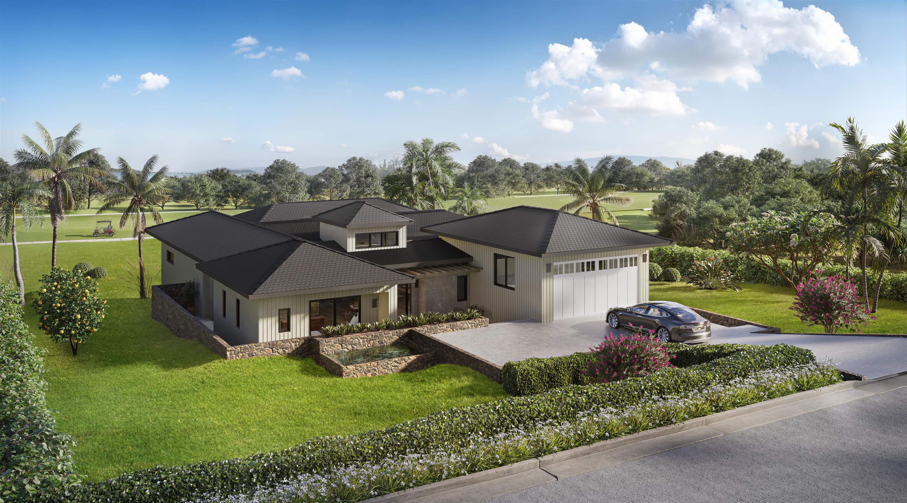 an aerial view of a house with swimming pool and garden