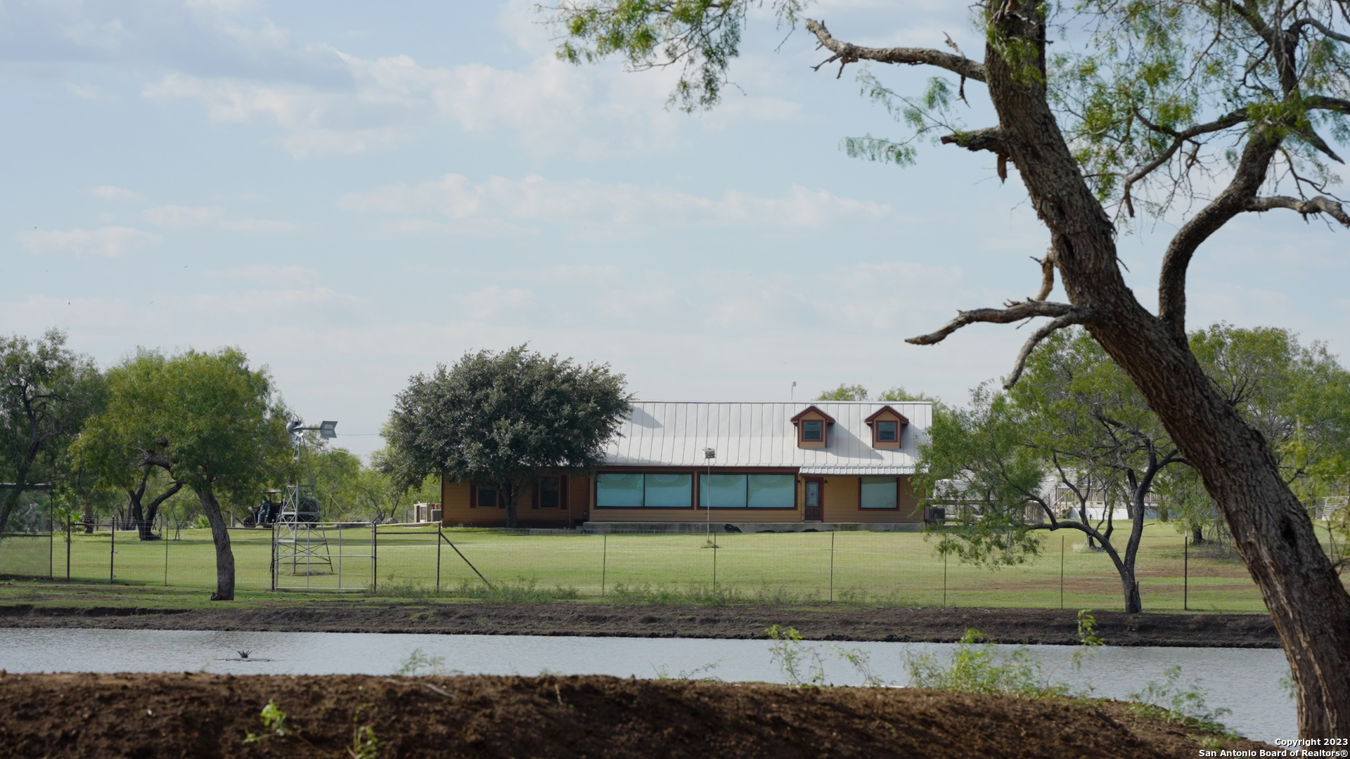 a view of a house with a yard and a large tree