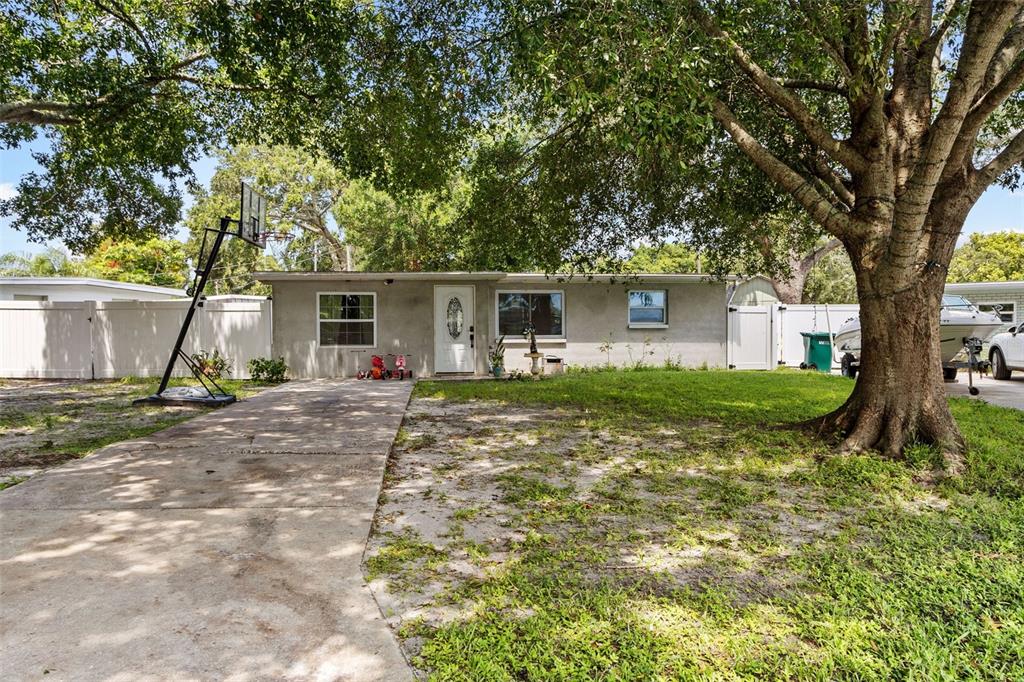 a view of a house with backyard and a tree