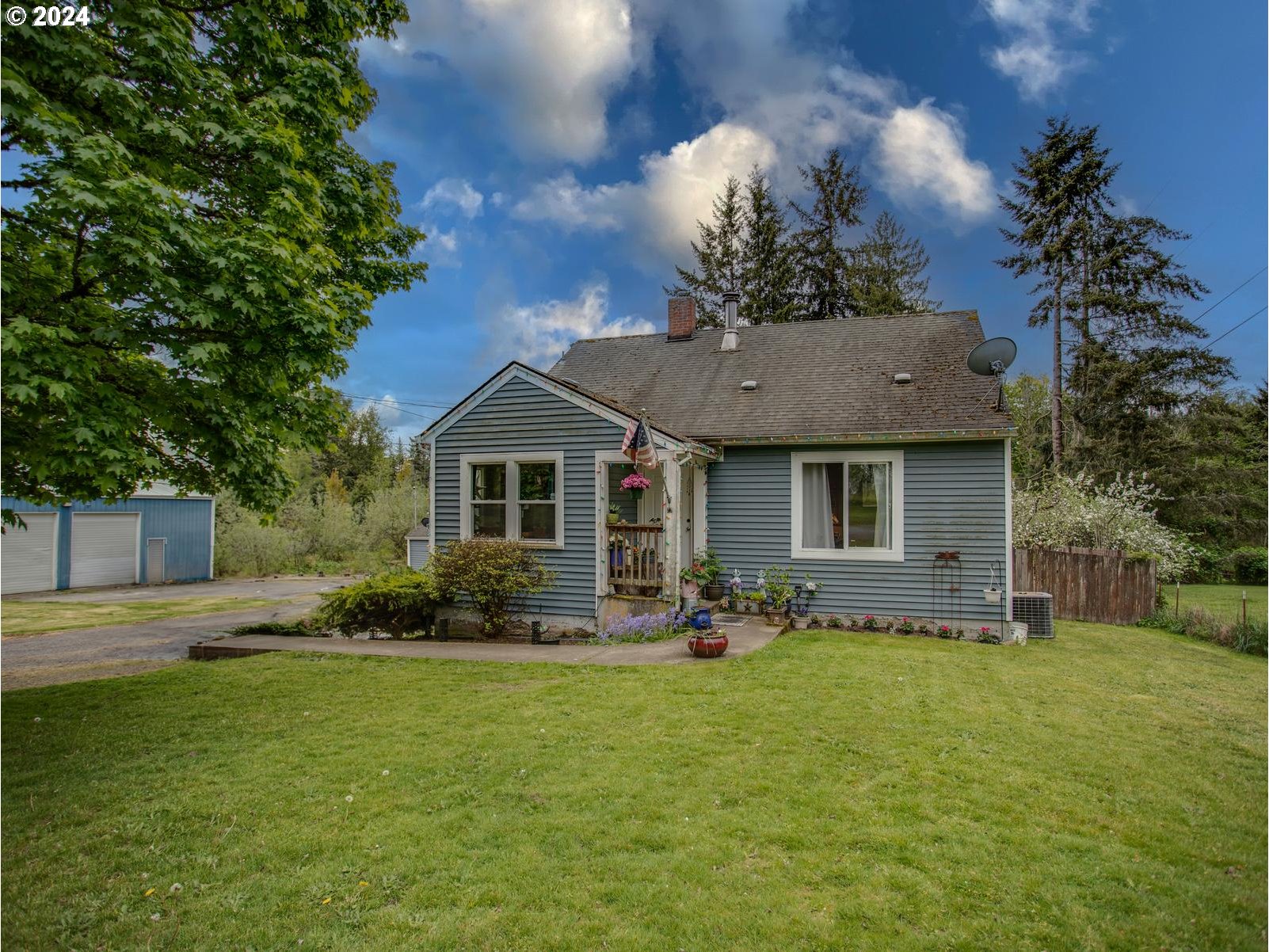 a front view of a house with patio