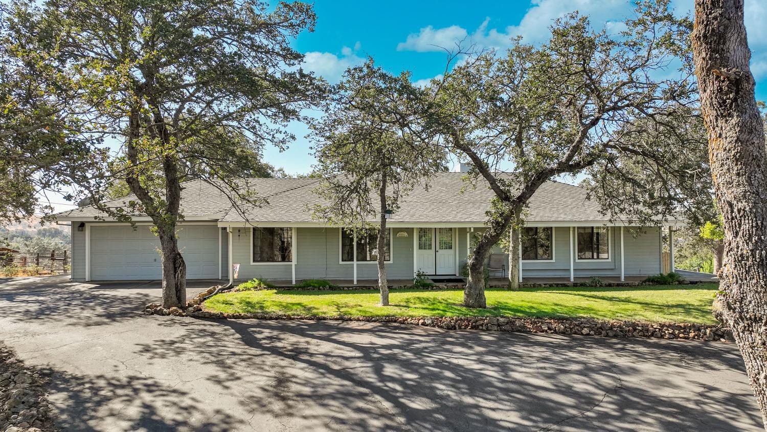 a view of a house with a yard and large tree