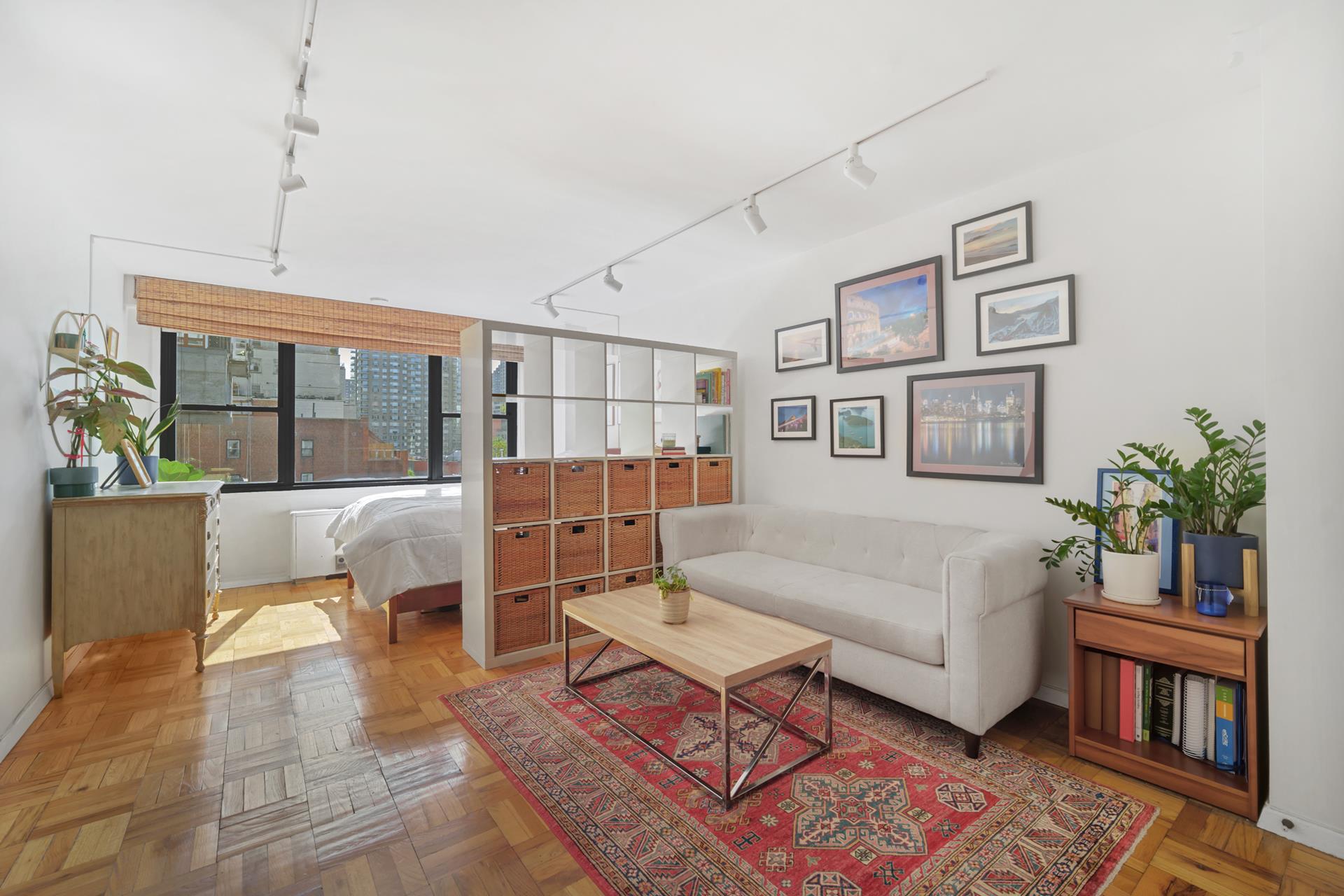 a living room with furniture and a potted plant