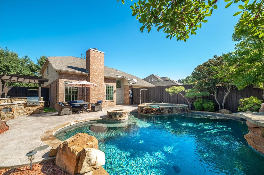 a swimming pool with outdoor seating and yard