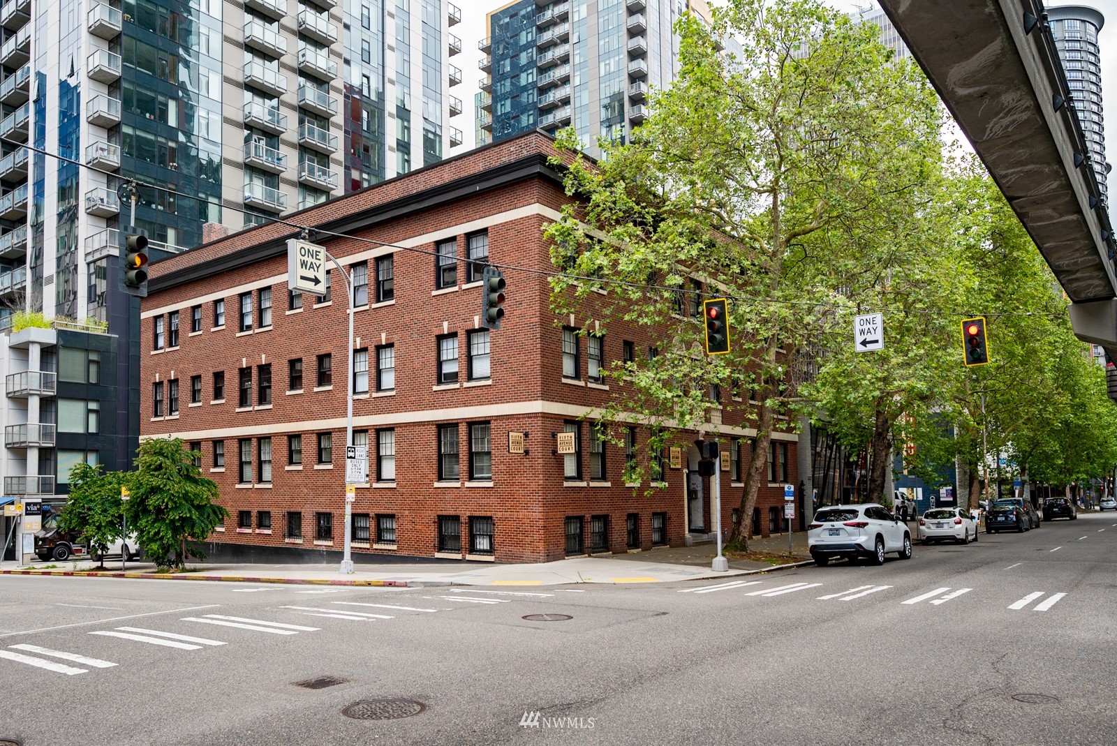 front view of a building with a street