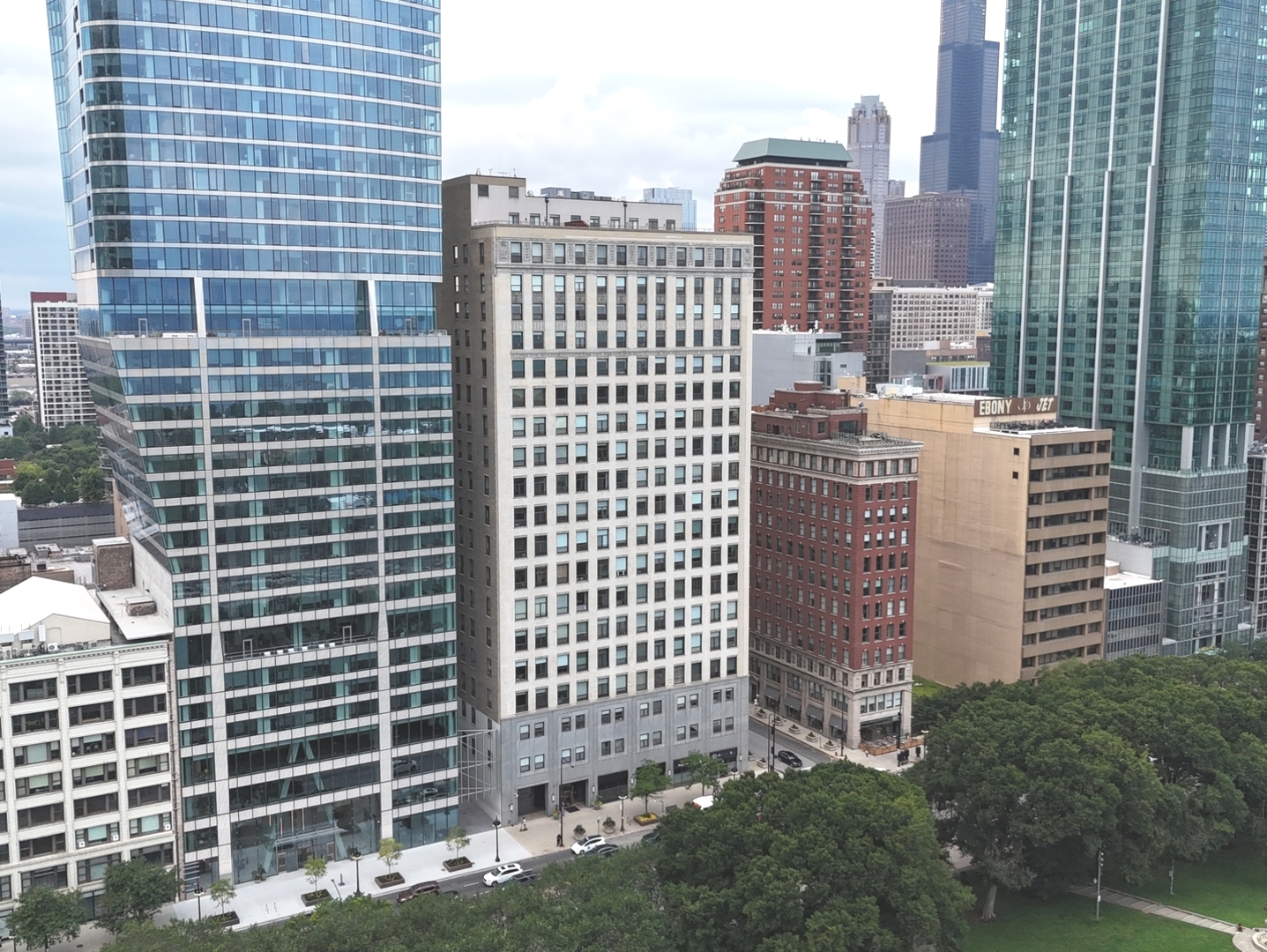 a view of a city with tall buildings