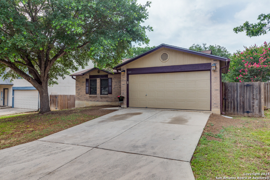 a front view of house with yard garage and large tree