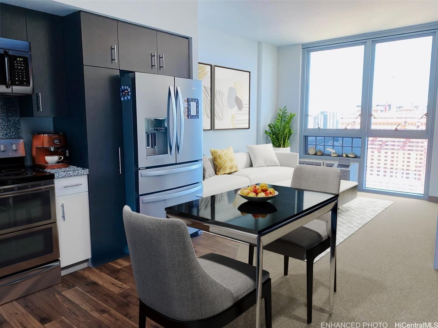 a living room with furniture and a refrigerator