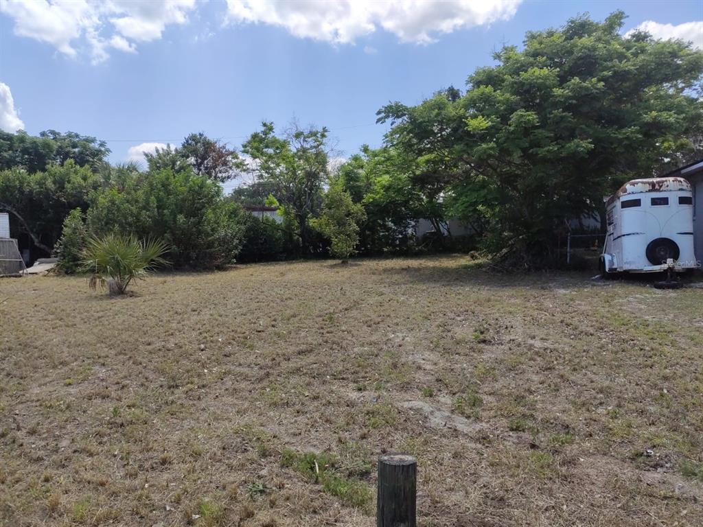 a view of a yard with trees in front of it