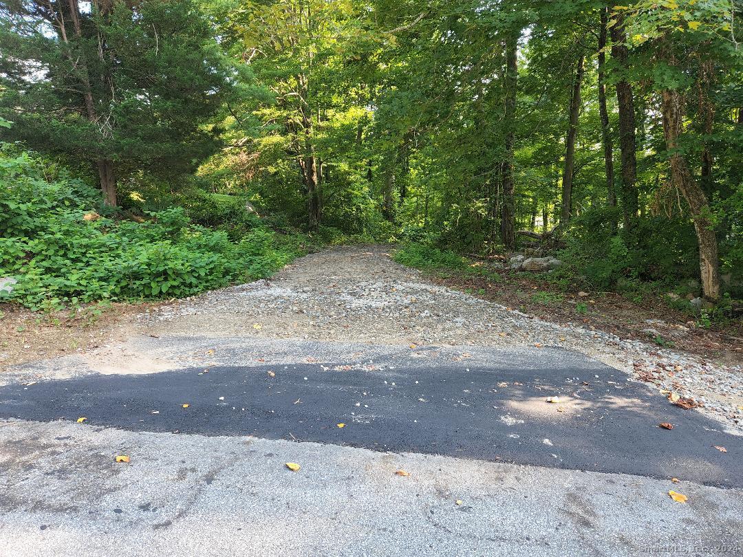 a view of a dirt road with trees in the background