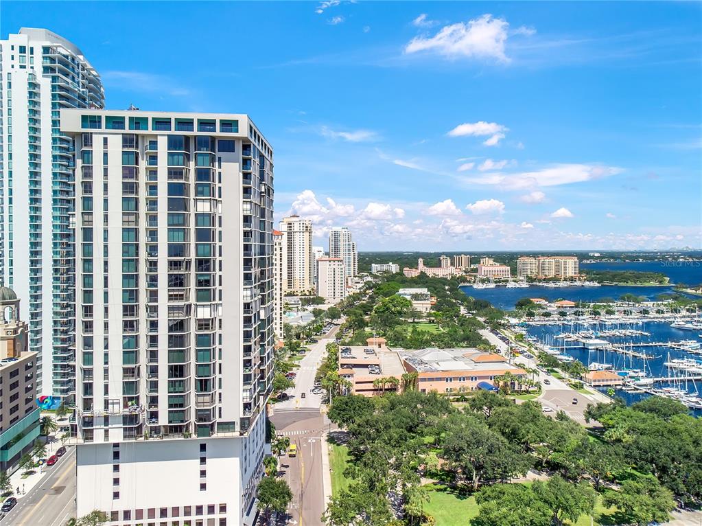 a view of a city with tall buildings