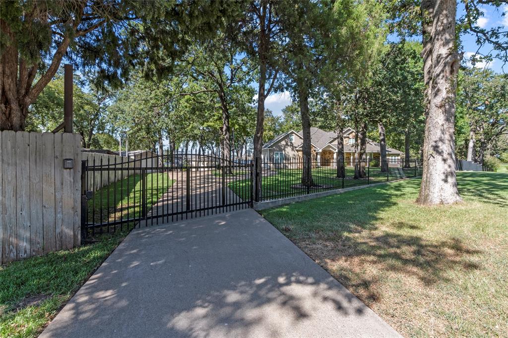 a view of a backyard with large trees