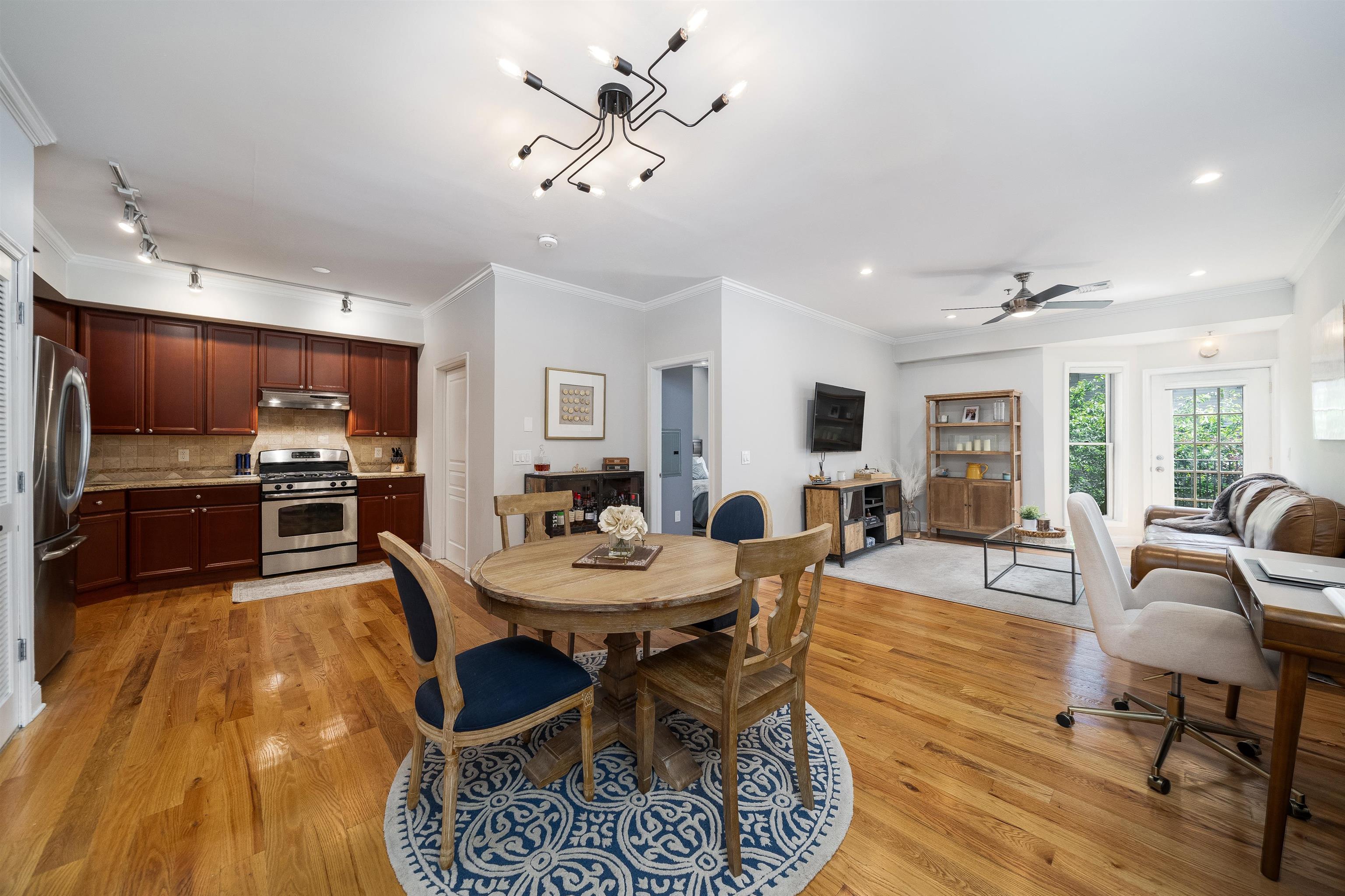 a view of a dining room with furniture