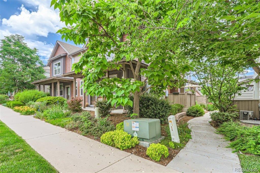 a front view of a house with a yard and potted plants