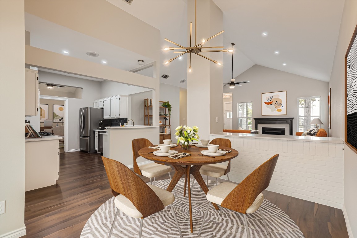 a view of a dining room with furniture