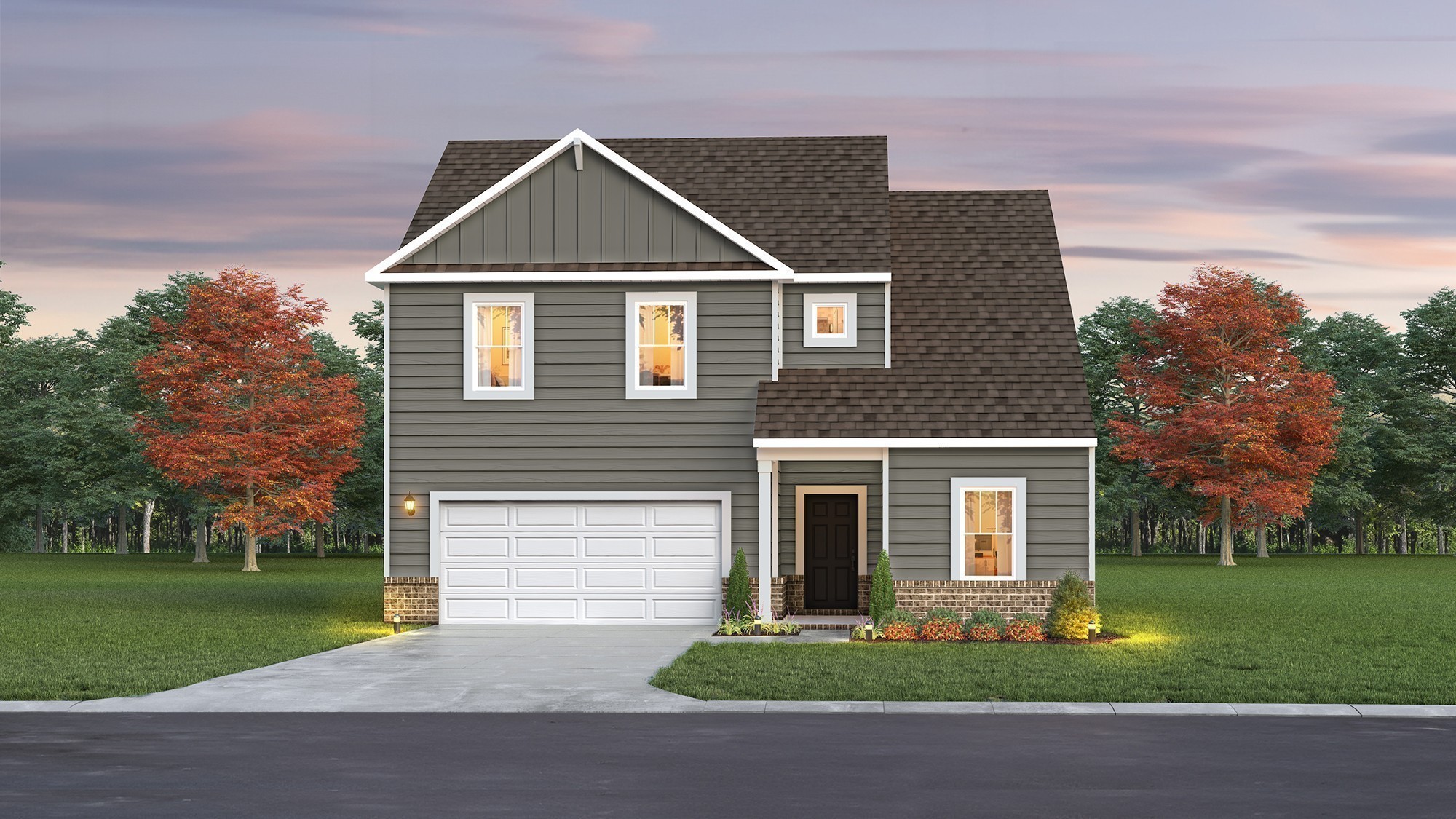 a front view of house with yard and green space