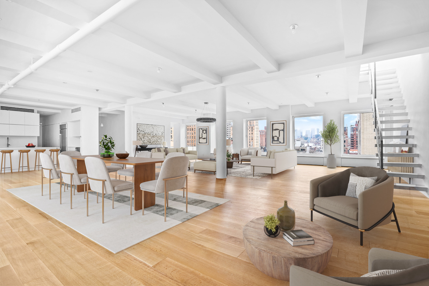 a living room with lots of furniture and a dining table with wooden floor