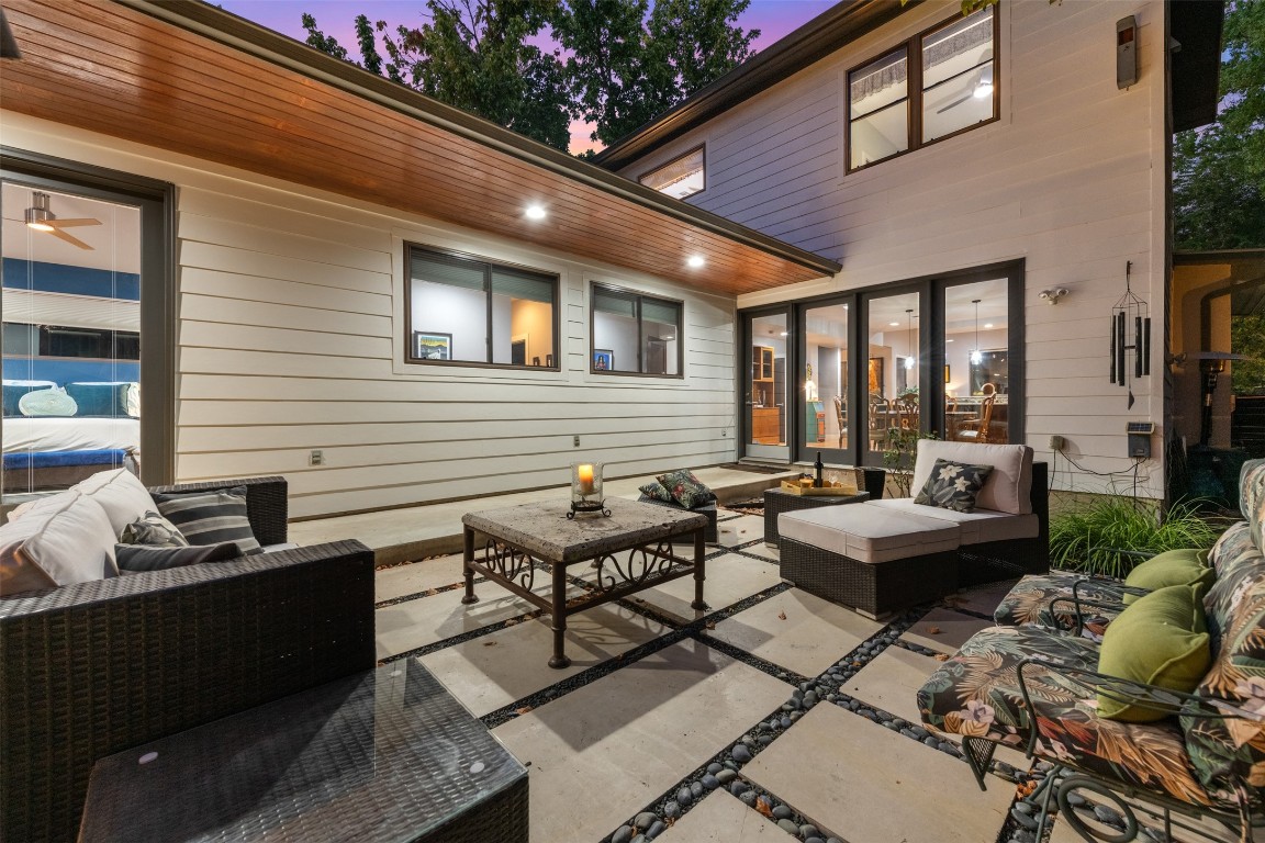 a building outdoor space with patio furniture