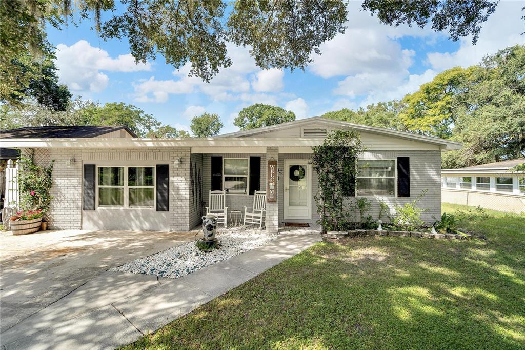 front view of a house with a patio