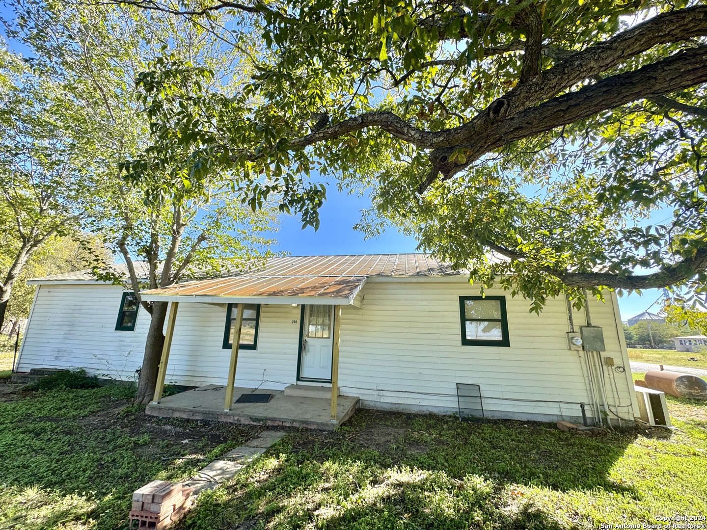 a view of a yard in front of a house with plants and large tree