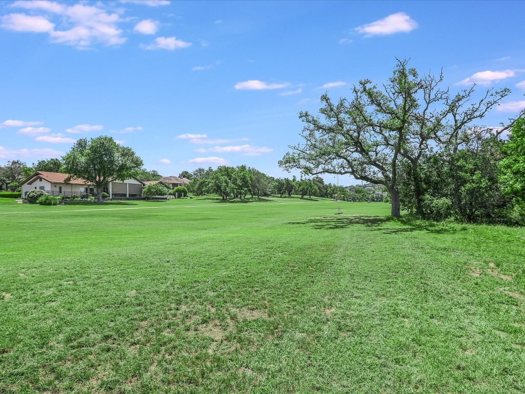 a view of a green field with trees in the background