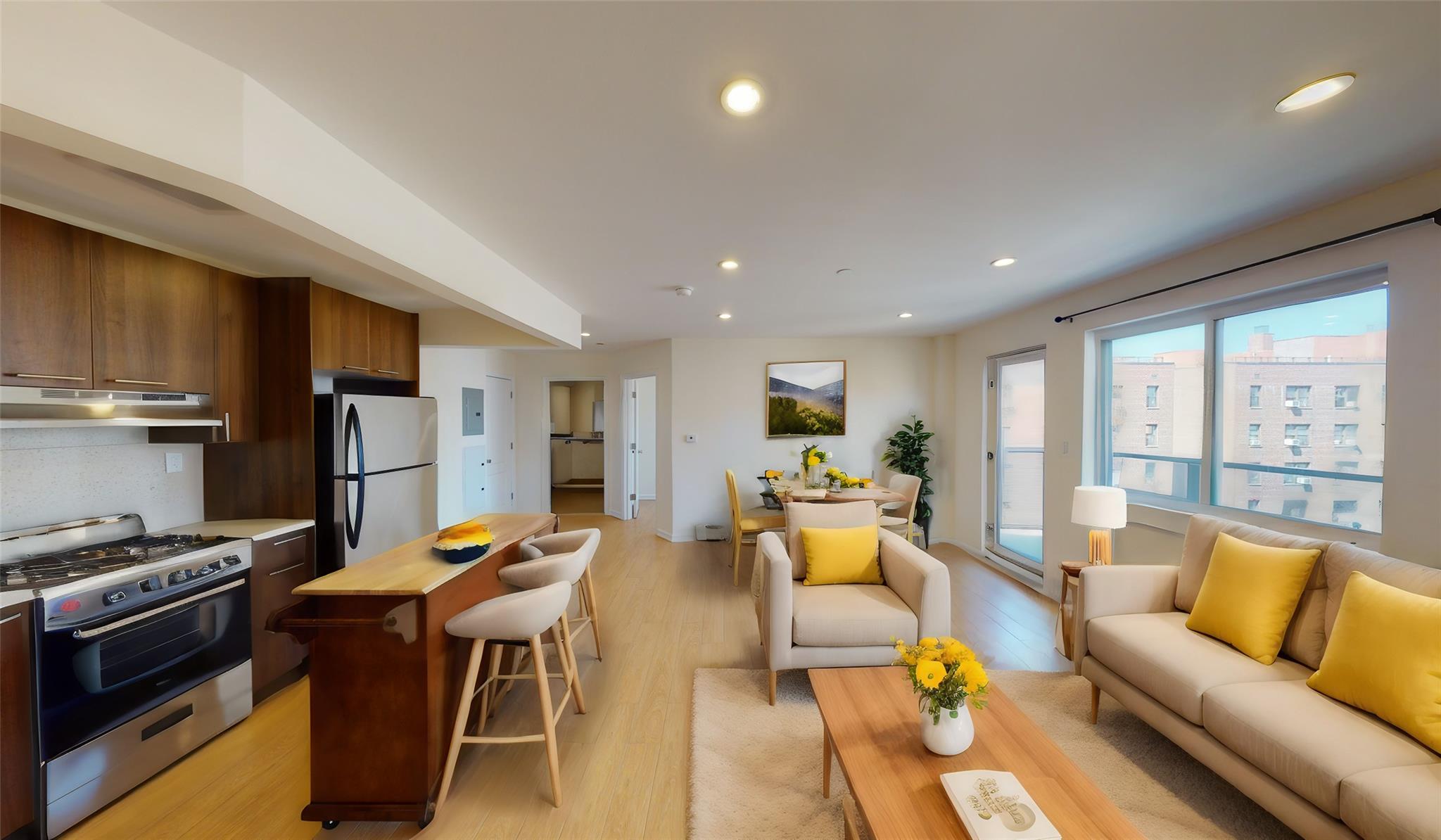 Living room with light hardwood / wood-style floors