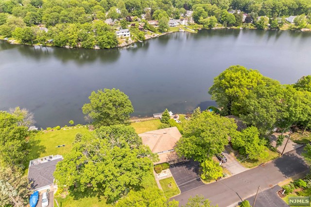 a view of a lake with a flower garden